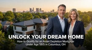 Professional couple in business attire standing in a suburban neighborhood with a city skyline in the background. Large text: “Unlock Your Dream Home.