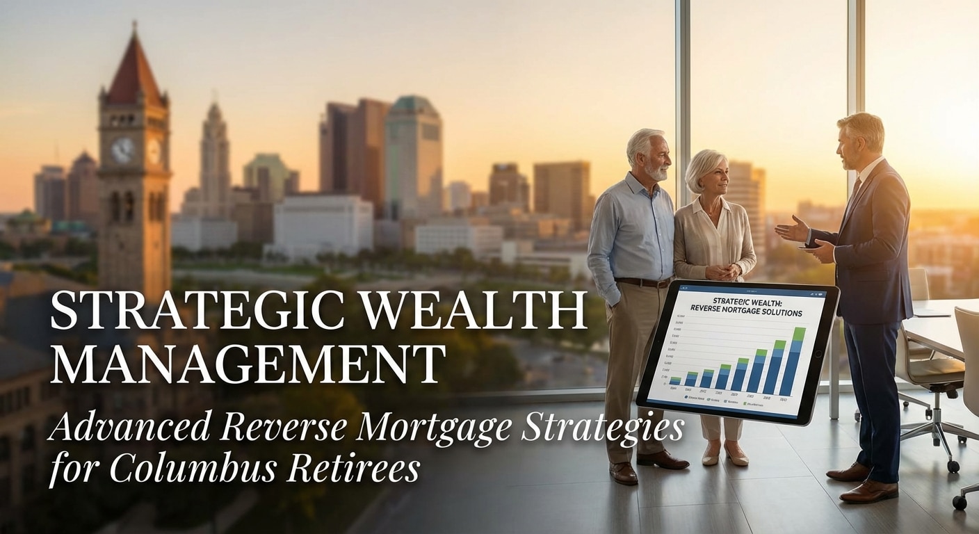 Elder couple with a presenter and tablet showing growth; Columbus skyline at sunset; title about strategic wealth and reverse mortgage strategies.