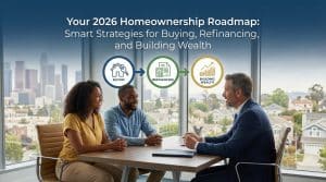 Columbus mortgage broker consulting couple about 2026 homeownership roadmap showing buying, refinancing, and wealth building strategies with city skyline view