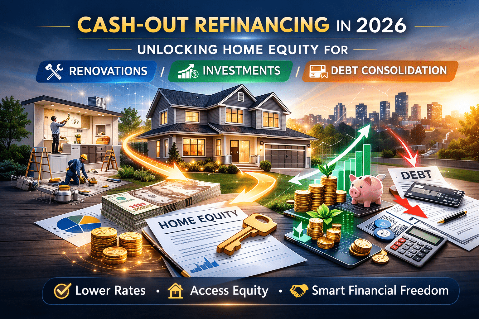Cash-out refinancing illustration showing homeowners unlocking home equity for renovations and debt consolidation