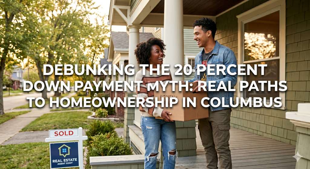 A happy young couple holding a moving box with a 'SOLD' sign on the front porch.